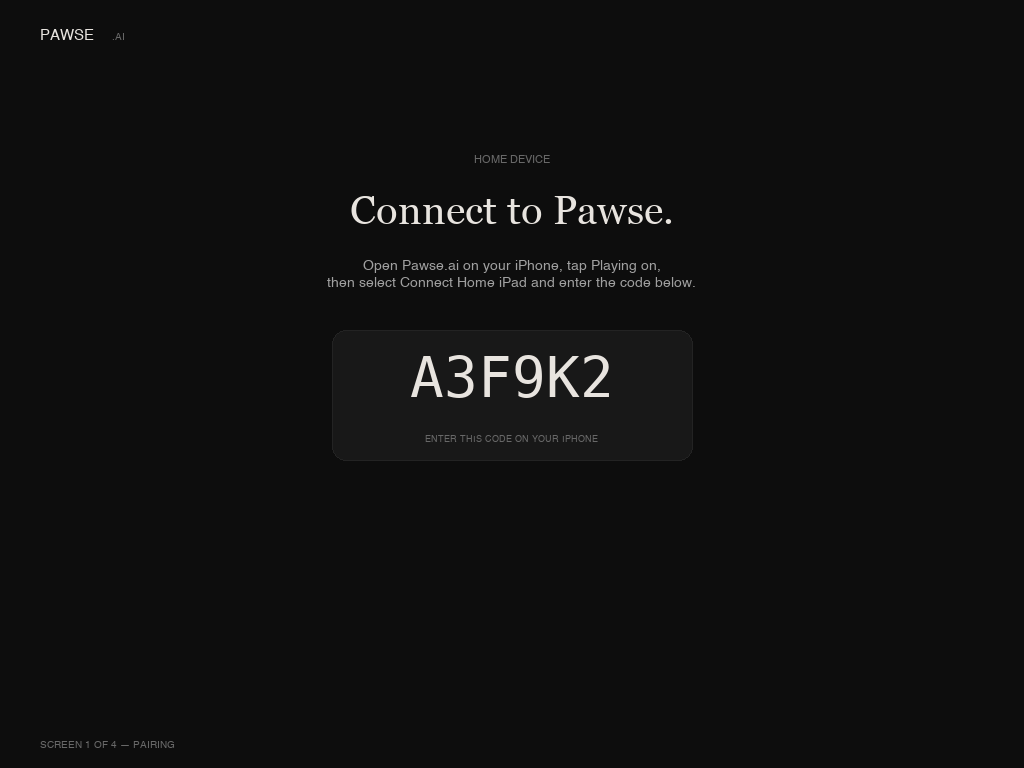 PAWSE pairing screen on Apple TV showing 6-character code