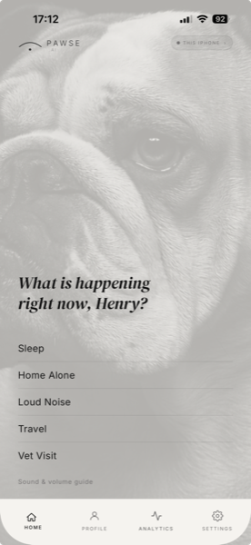 PAWSE home screen showing What is happening right now with mode list