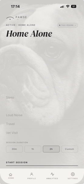 Active screen with duration picker and Start Session button