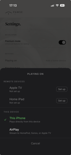Playing On sheet on iPhone showing Apple TV and Home iPad options